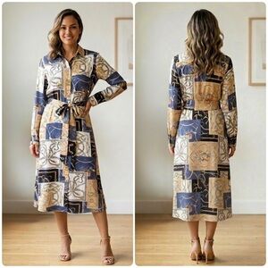 J. McLaughlin Equestrian Silk Blend Shirt Dress Tie Belt Midi Sz Small Old Money